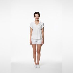 Cable & Gauge White Ruffle Collar Top Short Sleeve Stretch Blouse Size Small